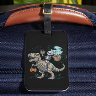 Skeleton Riding Dinosaur T rex Halloween Pumpkin Luggage Tag