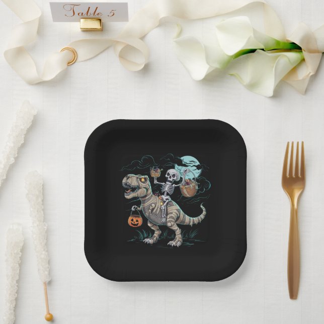 Skeleton Riding Dinosaur T rex Halloween Pumpkin Paper Plate (Wedding)