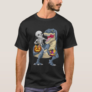 Skeleton Riding Dinosaur T rex Halloween Pumpkin T-Shirt