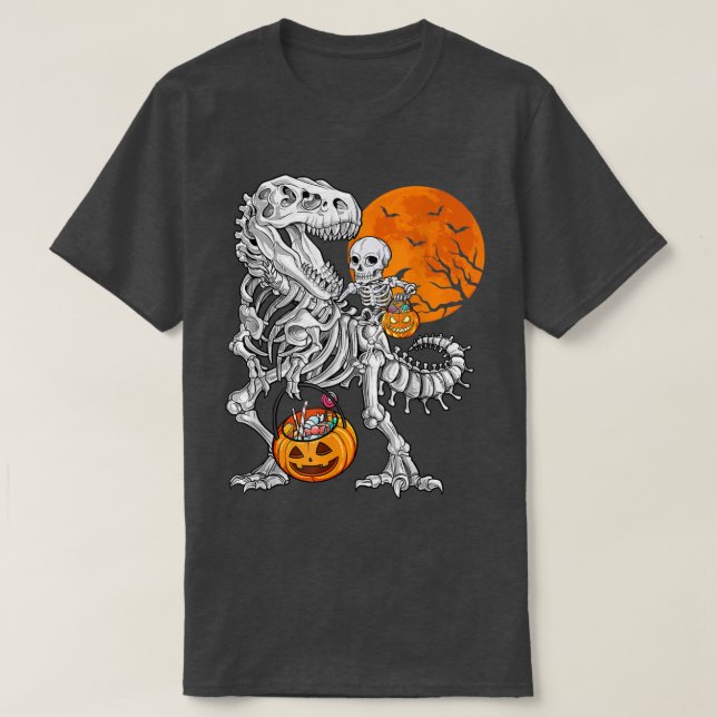 Skeleton Riding Dinosaur Tre Halloween Pumpkin Ret T-Shirt (Design Front)