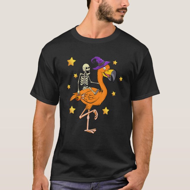Skeleton Riding Flamingo Funny Halloween 2021 T-Shirt (Front)