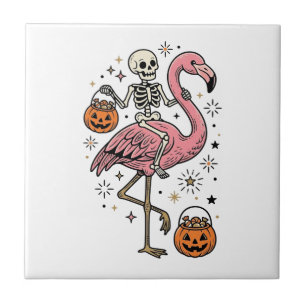 Skeleton Riding Flamingo Halloween Candy Shirt_1 Ceramic Tile