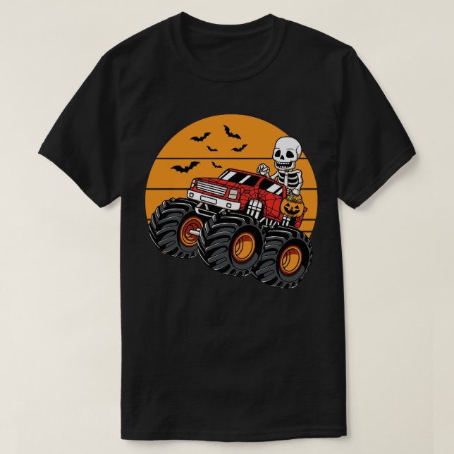 Skeleton Riding Monster Truck Halloween Costume T-Shirt (Design Front)