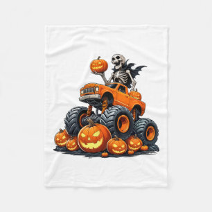 Skeleton Riding Monster Truck Halloween Pumpkin Ki Fleece Blanket
