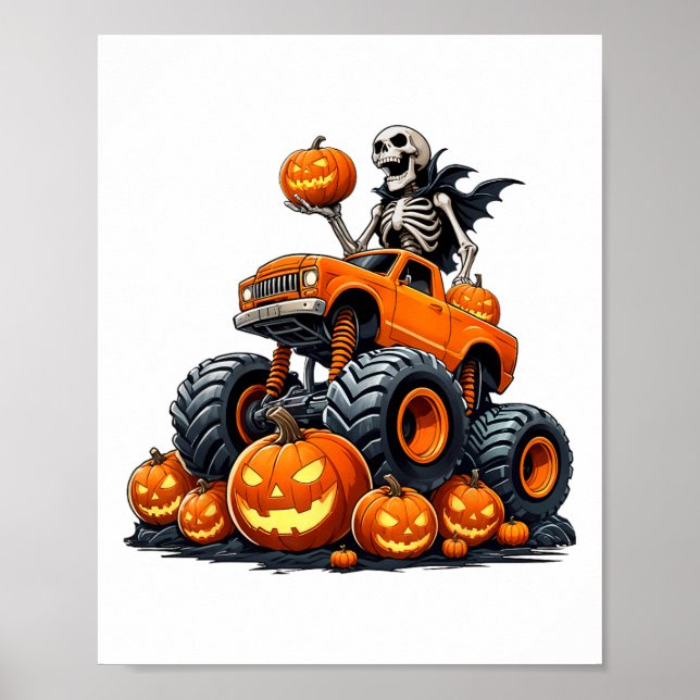 Skeleton Riding Monster Truck Halloween Pumpkin Ki Poster (Front)