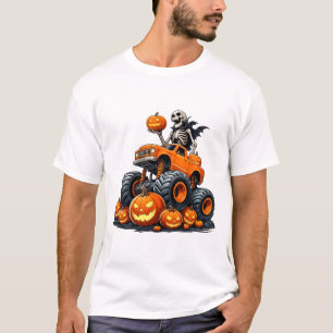 Skeleton Riding Monster Truck Halloween Pumpkin Ki T-Shirt