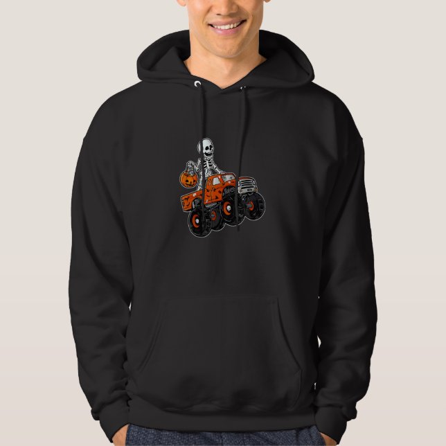 Skeleton Riding Monster Truck Lazy Halloween Costu Hoodie (Front)