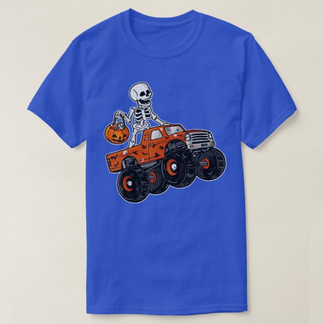 Skeleton Riding Monster Truck Lazy Halloween Costu T-Shirt (Design Front)