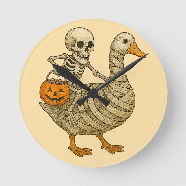 Skeleton Riding Mum Goose Halloween Funny Pumpkin Round Clock (Front)