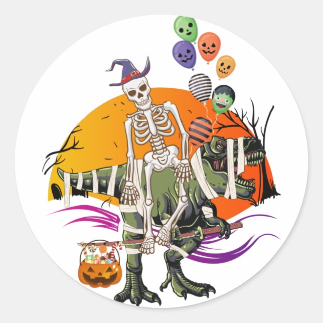 Skeleton Riding Mummy Dinosaur Classic Round Sticker (Front)