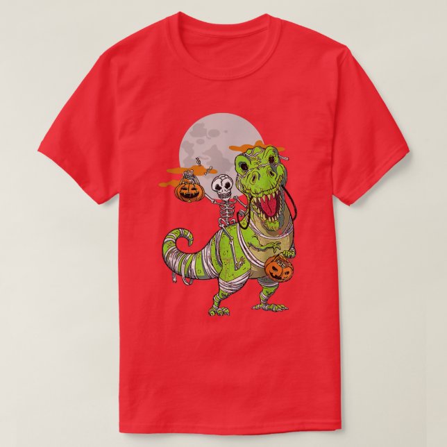Skeleton Riding Mummy Dinosaur Funny Halloween Cos T-Shirt (Design Front)