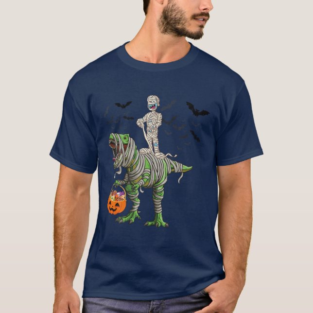 Skeleton Riding Mummy Dinosaur Rex Halloween Funny T-Shirt (Front)
