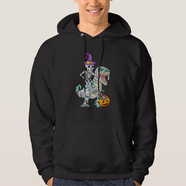 Skeleton Riding Mummy Dinosaur Rex Halloween  Pump Hoodie (Front)