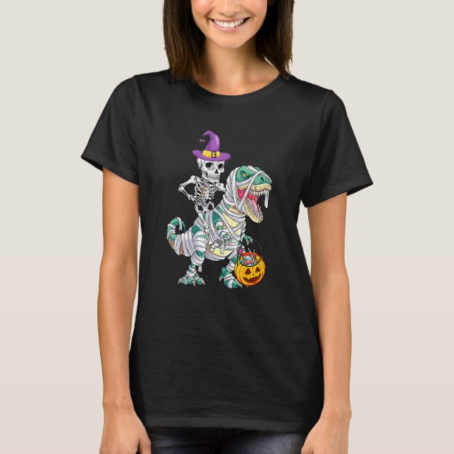 Skeleton Riding Mummy Dinosaur Rex Halloween  Pump T-Shirt (Front)