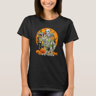 Skeleton Riding Mummy Dinosaur rex Halloween  Pump T-Shirt