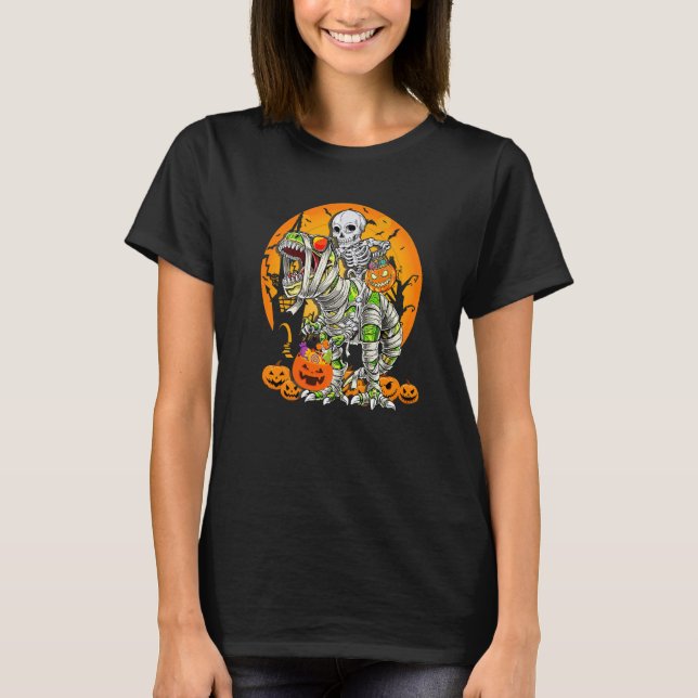 Skeleton Riding Mummy Dinosaur rex Halloween  Pump T-Shirt (Front)