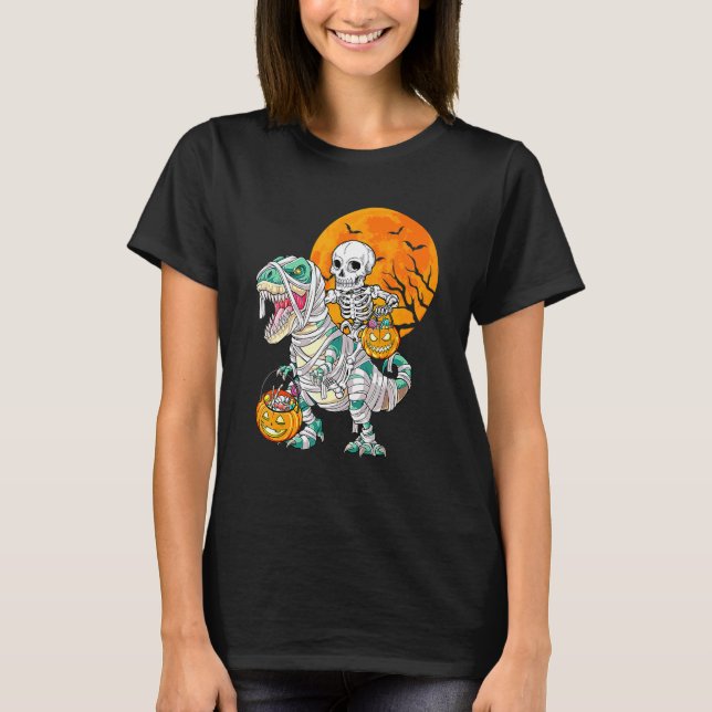 Skeleton Riding Mummy Dinosaur Rex Halloween  Pump T-Shirt (Front)