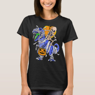 Skeleton Riding Mummy Dinosaur rex Halloween Pumpk T-Shirt