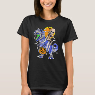 Skeleton Riding Mummy Dinosaur rex Halloween Pumpk T-Shirt