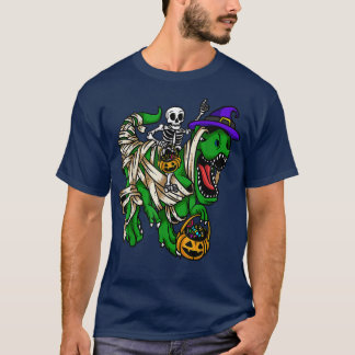 Skeleton Riding Mummy Dinosaur T Re Halloween Funn T-Shirt