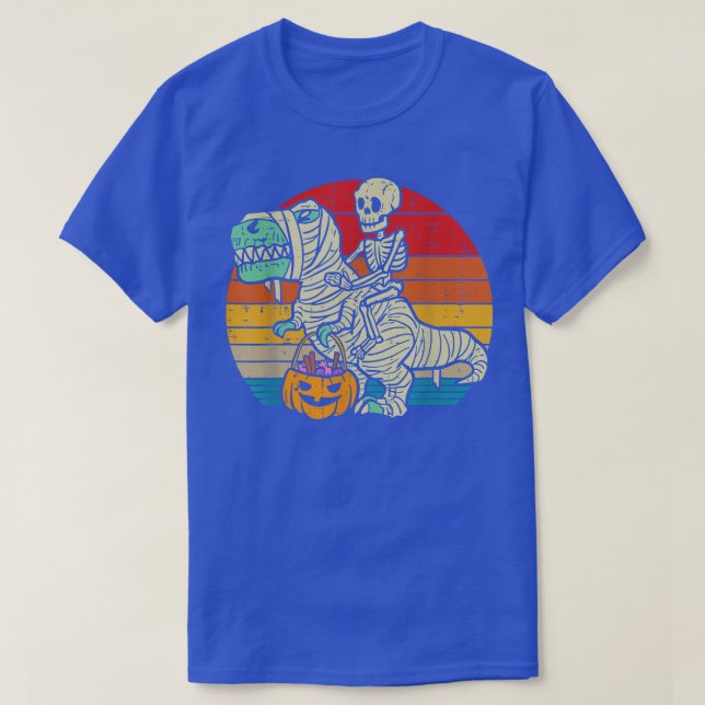 Skeleton Riding Mummy Dinosaur T re Retro Hallowee T-Shirt (Design Front)
