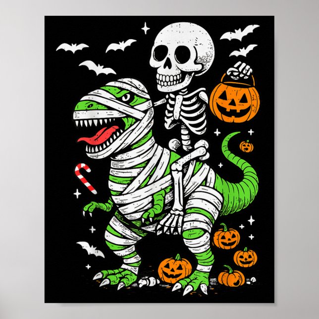 Skeleton Riding Mummy Dinosaur T Rex Halloween Boy Poster (Front)