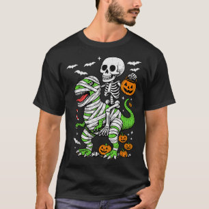 Skeleton Riding Mummy Dinosaur T Rex Halloween Boy T-Shirt