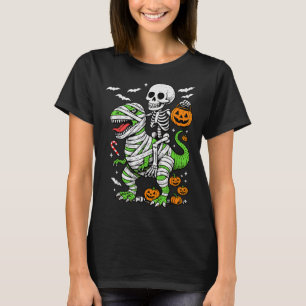 Skeleton Riding Mummy Dinosaur T Rex Halloween Boy T-Shirt