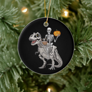 Skeleton Riding Mummy Dinosaur T rex Halloween  Ceramic Ornament