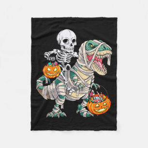 Skeleton Riding Mummy Dinosaur T Rex Halloween Fleece Blanket