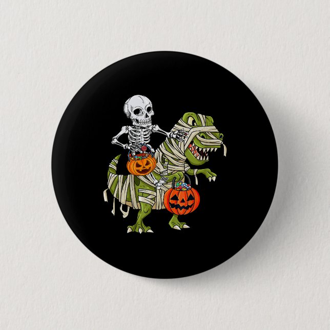 Skeleton Riding Mummy Dinosaur T rex Halloween Fun 6 Cm Round Badge (Front)