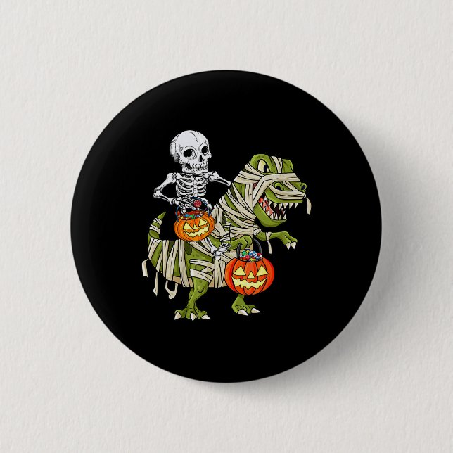 Skeleton Riding Mummy Dinosaur T rex Halloween Fun 6 Cm Round Badge (Front)