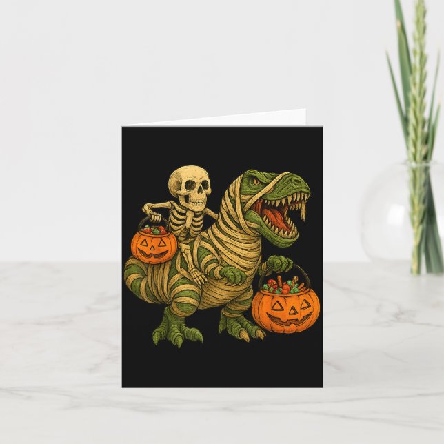 Skeleton Riding Mummy Dinosaur T Rex Halloween Fun Card (Front)