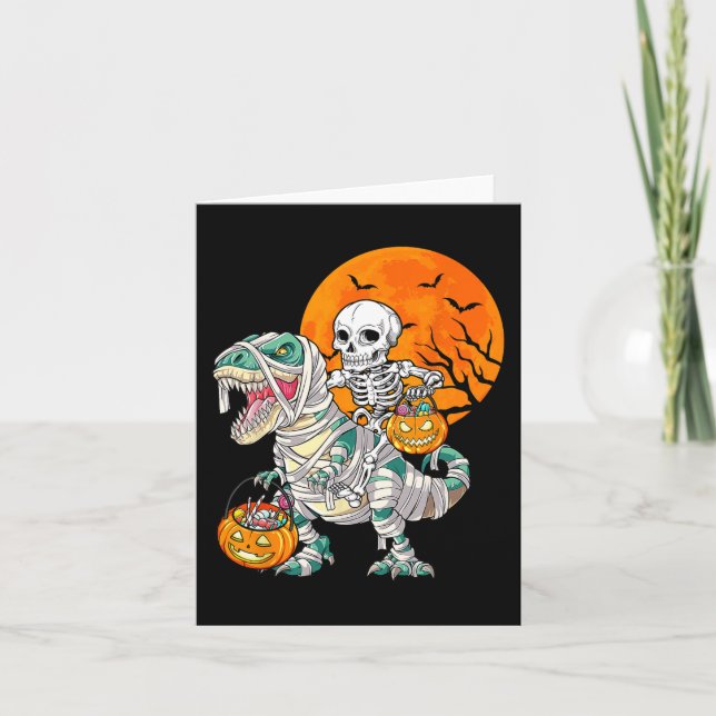 Skeleton Riding Mummy Dinosaur T Rex Halloween Fun Card (Front)