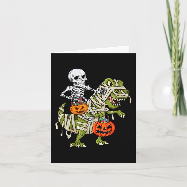 Skeleton Riding Mummy Dinosaur T rex Halloween Fun Card (Front)