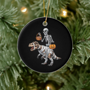 Skeleton Riding Mummy Dinosaur T rex Halloween Fun Ceramic Ornament