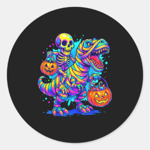 Skeleton Riding Mummy Dinosaur T Rex Halloween Fun Classic Round Sticker