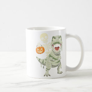 Skeleton Riding Mummy Dinosaur T Rex Halloween Fun Coffee Mug