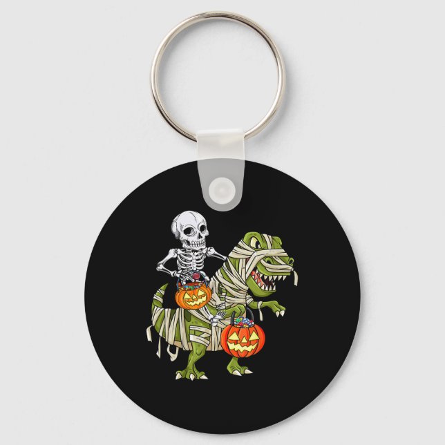 Skeleton Riding Mummy Dinosaur T Rex Halloween Fun Key Ring (Front)