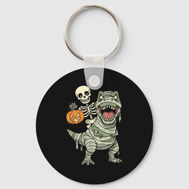 Skeleton Riding Mummy Dinosaur T Rex Halloween Fun Key Ring (Front)
