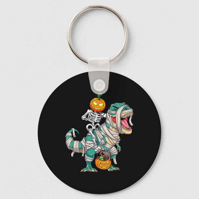 Skeleton Riding Mummy Dinosaur T Rex Halloween Fun Key Ring (Front)
