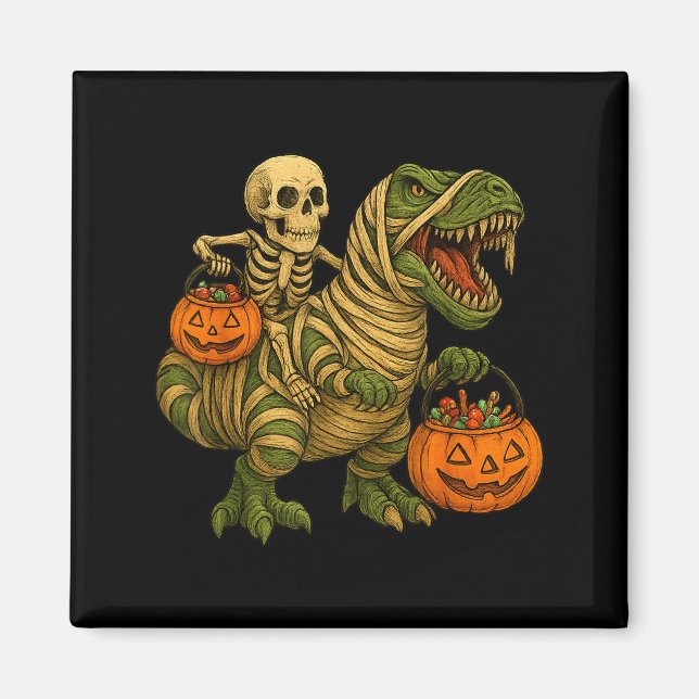 Skeleton Riding Mummy Dinosaur T Rex Halloween Fun Magnet (Front)