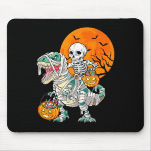 Skeleton Riding Mummy Dinosaur T Rex Halloween Fun Mouse Pad