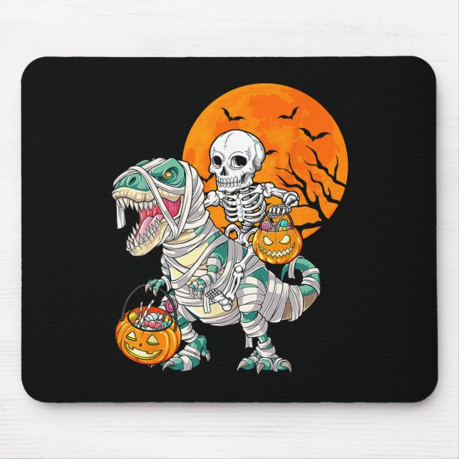 Skeleton Riding Mummy Dinosaur T Rex Halloween Fun Mouse Pad (Front)