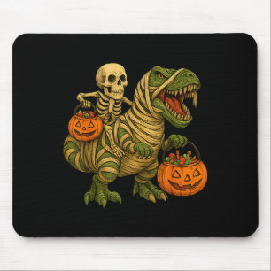 Skeleton Riding Mummy Dinosaur T Rex Halloween Fun Mouse Pad