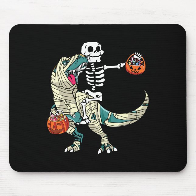 Skeleton Riding Mummy Dinosaur T Rex Halloween Fun Mouse Pad (Front)