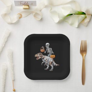 Skeleton Riding Mummy Dinosaur T rex Halloween Fun Paper Plate