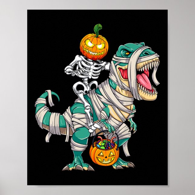 Skeleton Riding Mummy Dinosaur T rex Halloween Fun Poster (Front)