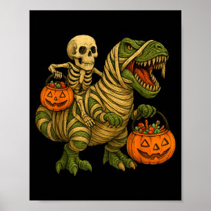 Skeleton Riding Mummy Dinosaur T Rex Halloween Fun Poster