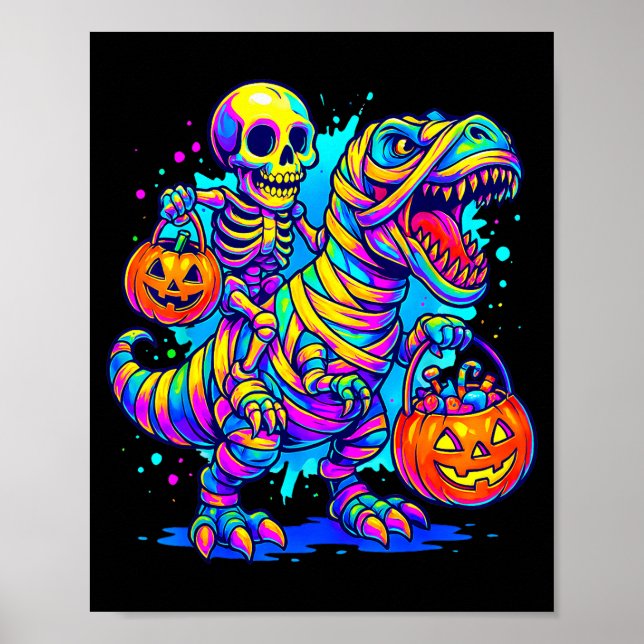 Skeleton Riding Mummy Dinosaur T Rex Halloween Fun Poster (Front)